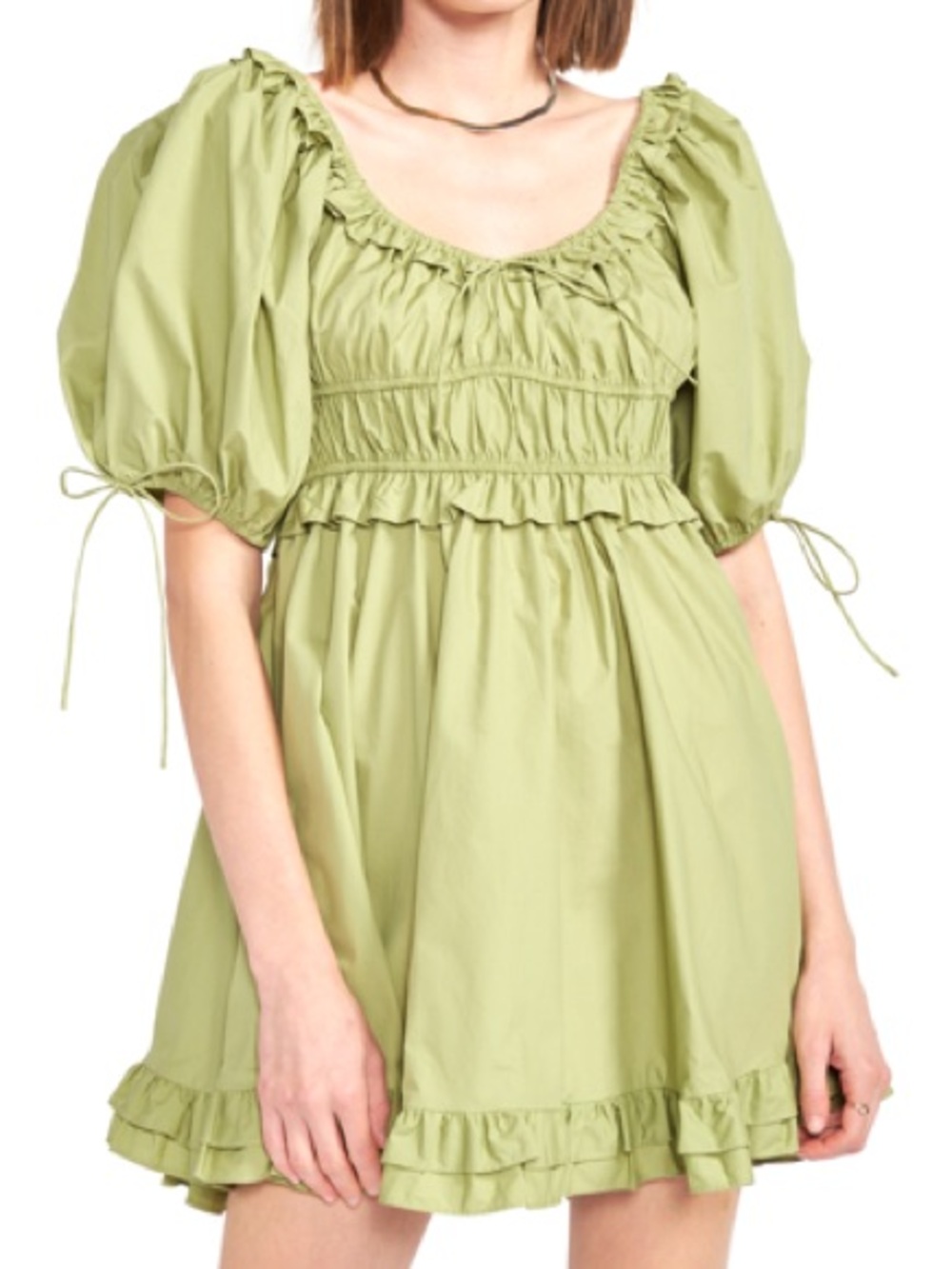 Anthropology En Saison Green Puff-Sleeve Dress Size Small